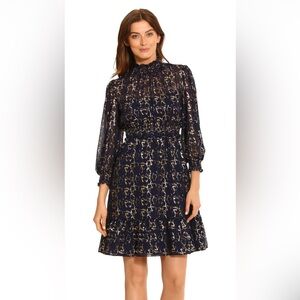 Maggy London Navy and Gold Long Sleeve Dress NWT